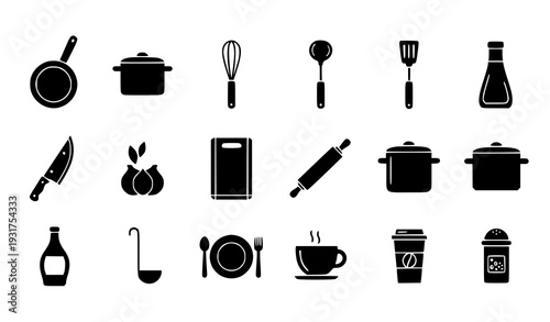 Clean Dark Gray Silhouette Kitchen and Household Icons Vector Set