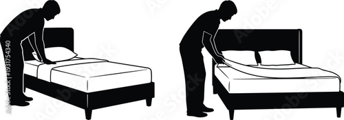 Man Making Bed and Changing Bed Sheets Silhouette Set Isolated on White Background Household Cleaning Vector Illustration