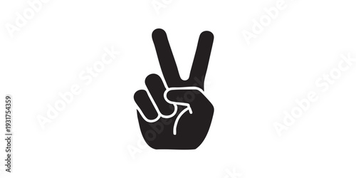 Single black and white peace sign hand icon, flat solid vector illustration, minimal design, centered composition, isolated on white background, clean simple style.