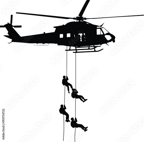 Military Helicopter Rappelling Soldiers Silhouette Black and White Vector Illustration Isolated on White Background Special Forces Operation