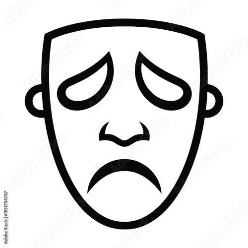 Sad face mask with downward eyes and mouth expressing emotions of sadness and disappointment isolated on white background