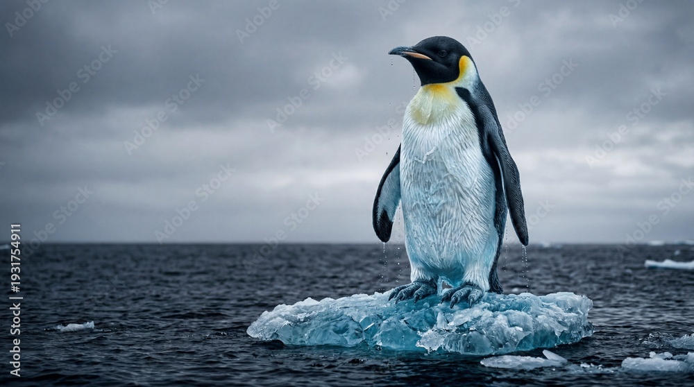 Obraz premium Emperor Penguin Standing on Small Iceberg in Dark Ocean, Climate Change Concept