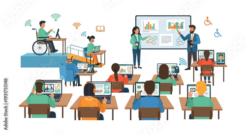 Inclusive Digital Classroom: Blended E-Learning Environment with Diverse Students, Laptops, and Instructors Teaching Accessibility and Technology.