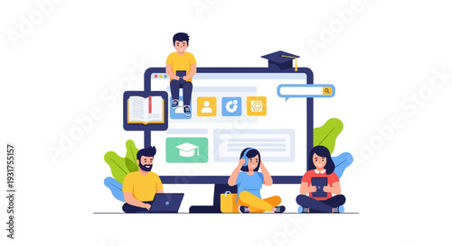Digital E-Learning and Online Courses Platform Illustration. Students studying remotely with laptop, tablet, and technology.