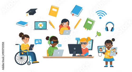 Inclusive Online Learning Concept: Diverse Students Using EdTech, Laptops, Tablets, and VR Glasses for Accessible Remote Education.