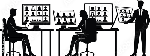 Online Business Meeting Video Conference Team Collaboration Silhouette Set Black and White Vector Illustration Isolated on White Background