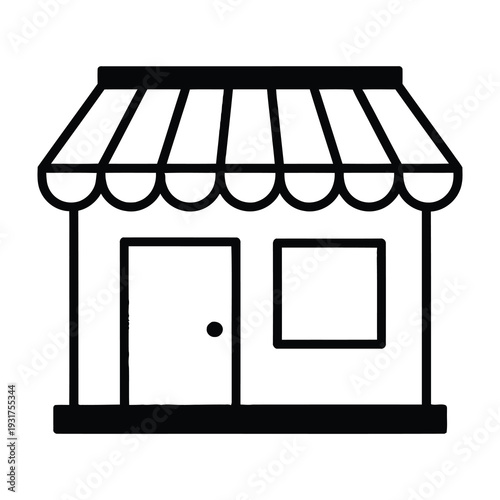 Small minimalist building facade with a striped awning a single door and square window on a plain background