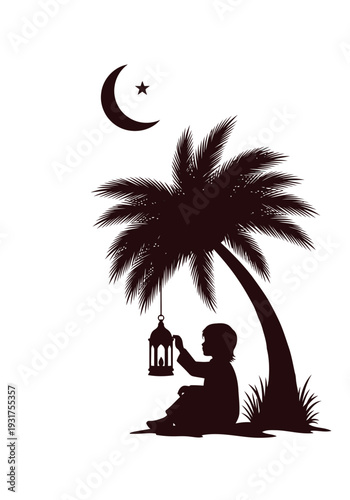A peaceful silhouette of a young boy sitting under a palm tree with a hanging lantern beneath a crescent moon and star.