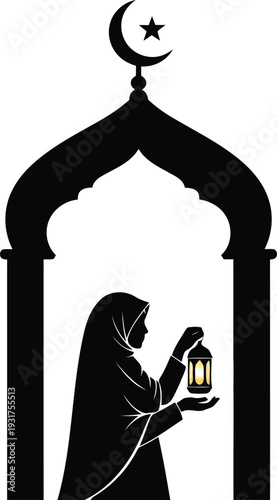 A dignified silhouette of a Muslim woman wearing a hijab, holding a glowing lantern, framed within an elegant archway adorned with a crescent moon and star.