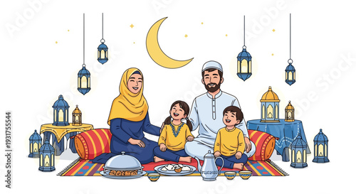 A warm and inviting illustration shows a happy Muslim family having an Iftar meal together, seated on a traditional rug amidst festive lanterns and a crescent moon.