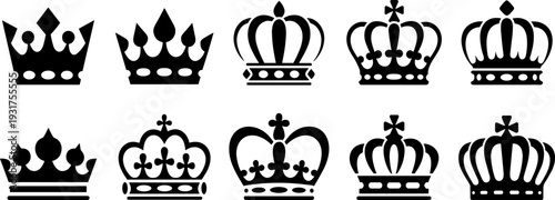 Crown silhouettes, royal icons, black crowns, vector design, authority symbol, monarchy, luxury, heraldry, diamond shapes, ornate crowns, regal illustration, power, leadership