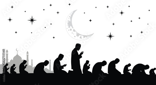 Silhouettes of numerous Muslim men are seen in various stages of prayer under a star-filled night sky with a crescent moon and mosque skyline in the distance.
