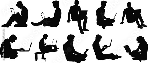 Black silhouette collection of people sitting and using laptops, diverse male and female characters working on computers isolated on white.
