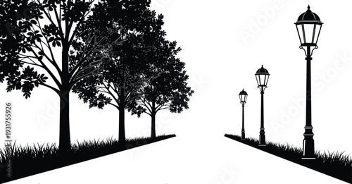 Park Alley with Trees and Street Lamps Silhouette Black and White Vector Illustration Landscape Isolated on White Background