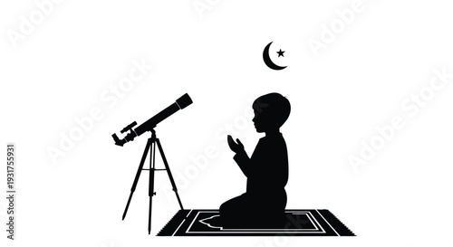A child in silhouette kneels on a prayer mat, engaged in prayer, with a telescope and a crescent moon and star in the background.
