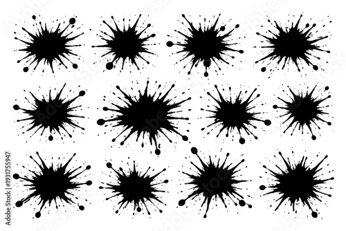 Set of twelve black ink splatters on white background.