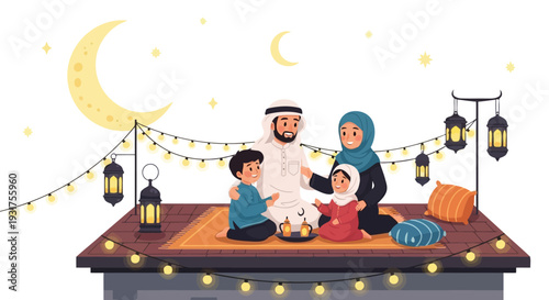 A joyful Muslim family sits on a decorated rooftop under a large crescent moon, surrounded by festive lanterns and city lights.