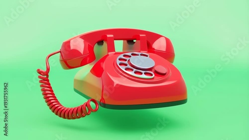Vibrant Red Retro Rotary Telephone Spinning on a Bright Green Screen Background for Communication Concepts