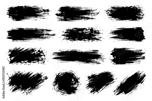 Set of grunge black brush strokes in various shapes and sizes.