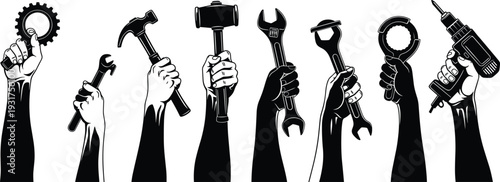 Raised Hands Holding Construction Tools Silhouette Set with Hammer, Wrench and Drill Isolated on White Background Vector Illustration