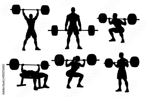 Silhouettes of male and female athletes lifting weights in various poses.