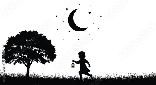 A child in silhouette runs with a small lantern through a grassy field, passing a large tree under a crescent moon and stars.