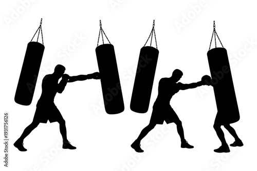 Silhouettes of male boxers training with punching bags.