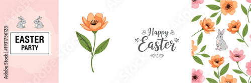 Easter, Party, Greeting, Card, Floral, Bunny, Spring, Celebration, Invitation, Template, Pastel, Cute, Holiday, Design, Vector, Illustration, Background, Typography, Decorative, Festive