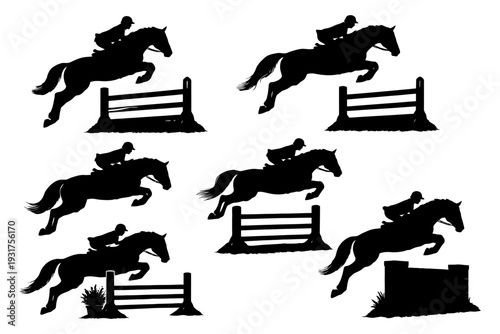 Silhouettes of equestrian jumping horses and riders in motion.
