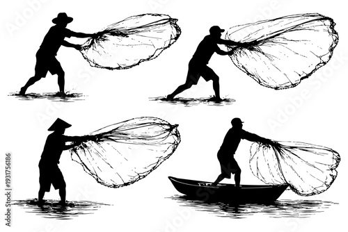 Silhouettes of fishermen casting nets in various poses on water.