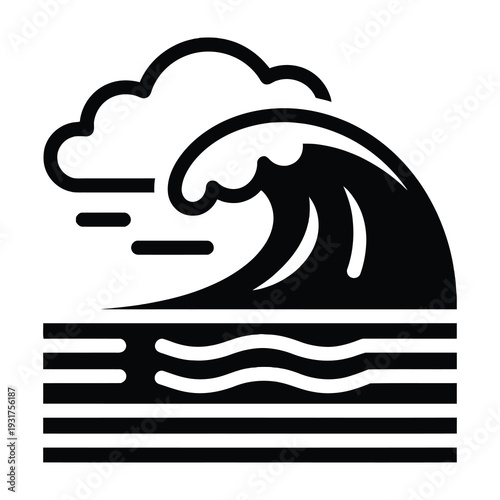 Dynamic black and white wave crashing against a sandy shoreline under a fluffy cloud evoking raw power and coastal serenity for artistic designs or travel inspiration