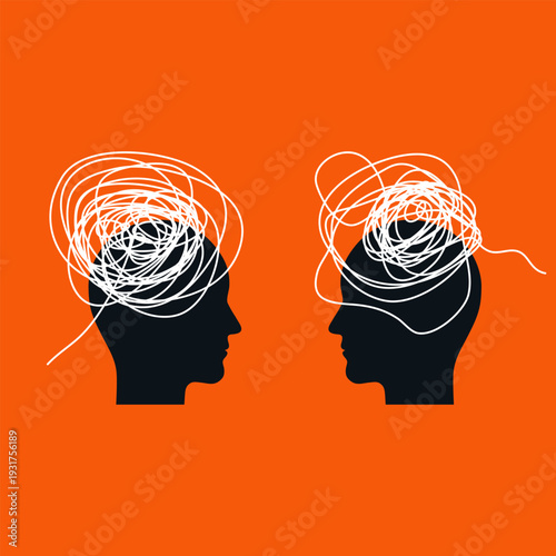 Human brain. Improvement element. Success and personal development concept. Educational psychological background Heads of a person with the opposite mindset. Concept of chaos and order in thoughts