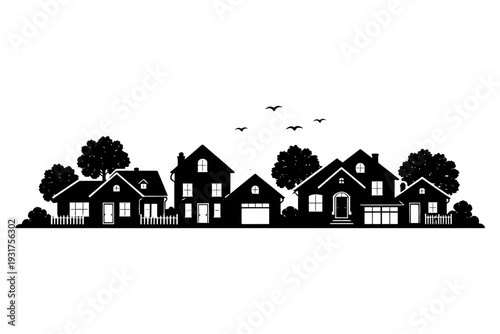 Silhouette of residential neighborhood with houses and trees.