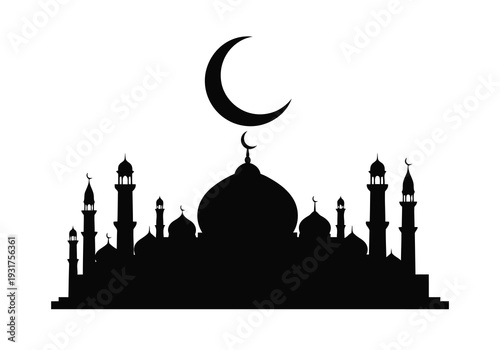 A magnificent silhouette of a grand mosque with multiple domes and towering minarets stands proudly, crowned by a prominent crescent moon in the night sky.