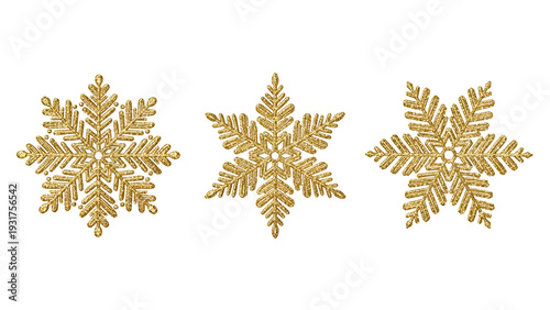 Three intricate gold snowflakes with detailed patterns isolated on transparent background