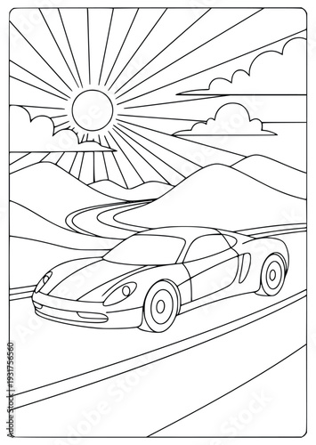Automobile illustration of a sports car driving on a road with sun rays