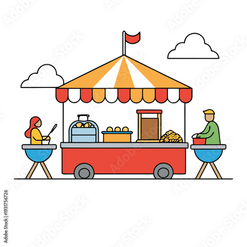 A vibrant street food festival filled with sizzling grills, colorful stalls, spicy aromas, and happy crowds enjoying global flavors, music, and lively city vibes.
