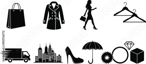 Black silhouette collection of shopping icons, featuring fashion coat, high heel shoe, delivery truck, city skyline, and woman carrying handbag, SEO.