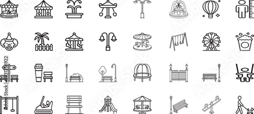amusement park and outdoor playground equipment icons, thin line vector