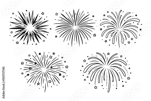 Six distinct fireworks displays with varying patterns and spark densities
