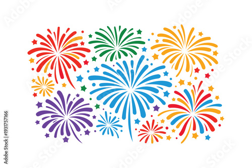 Vibrant celebration with colorful fireworks display and scattered sparkles