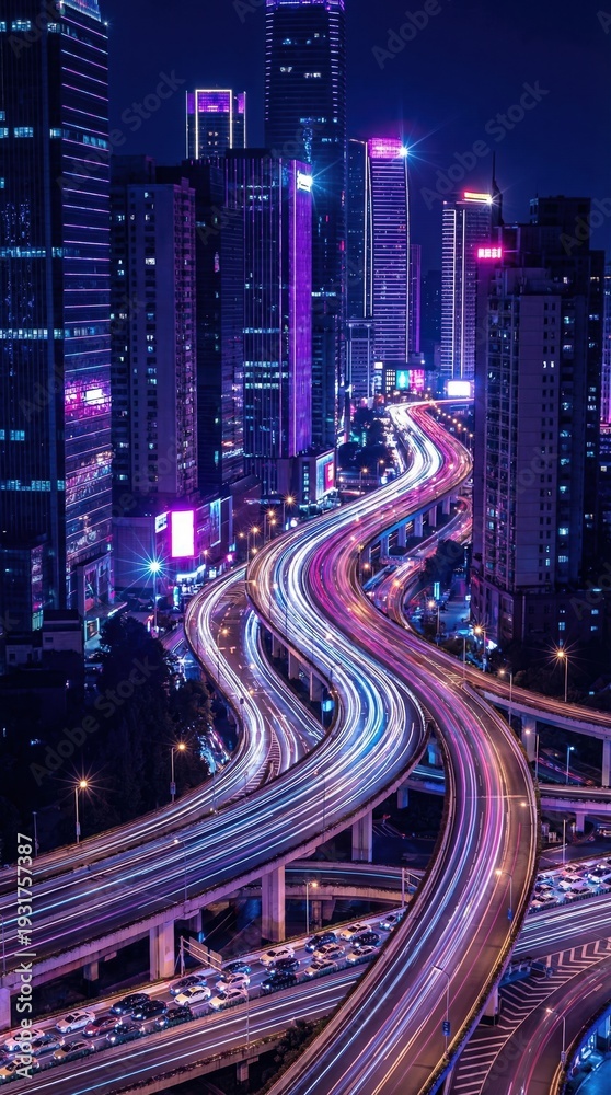 Obraz premium Neon Smart City Highway with Light Trails in Futuristic Financial District Vertical
