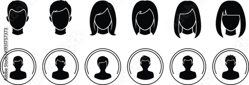 Black silhouette collection of user profile avatars, diverse male and female headshot icons and circular account placeholders isolated on white.