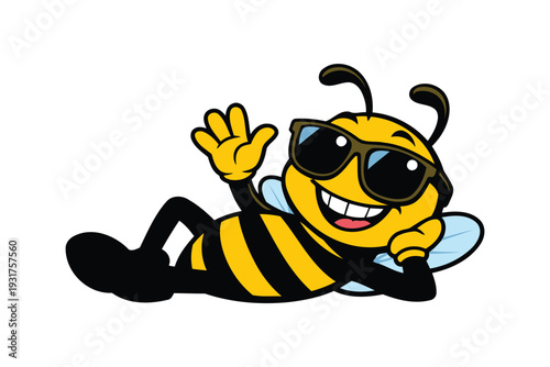 A cheerful cartoon bee wearing sunglasses and waving hello to the viewer