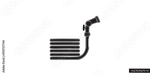 Garden hose icon, minimal flat vector design, black and white only, simple silhouette style, clean outline, centered composition, isolated on white background, clear white space, stock illustration.