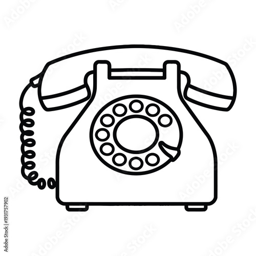 Retro rotary telephone with circular dial and coiled cord sitting on a plain background in black and white illustration style
