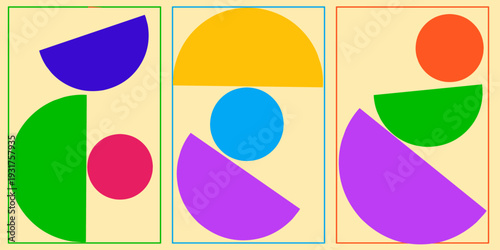 Three sets of colorful semicircular wallpapers. Bohemian art illustration. Mid-century or Scandinavian interior design concept.