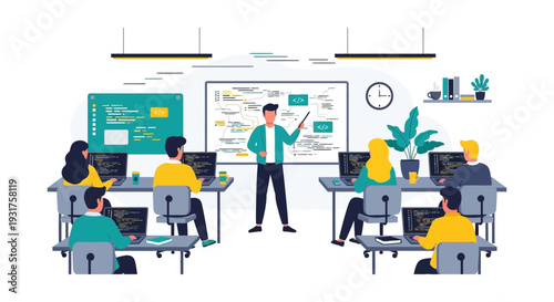 Coding Bootcamp and IT Training Workshop. Instructor Teaching Software Developers Programming Skills in a Modern Classroom.