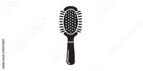 Single black and white hairbrush icon, flat solid vector illustration, minimal design, centered composition, isolated on white background, clean simple style.