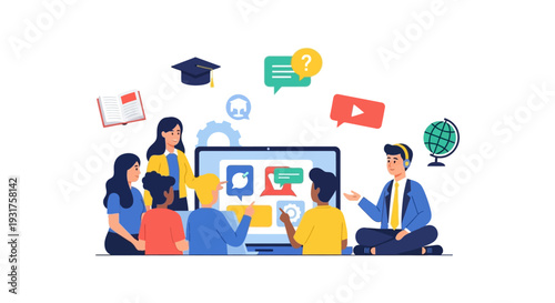 Group E-Learning Platform and Online Course Collaboration. Diverse students studying digital curriculum, webinar, and global education technology concept.